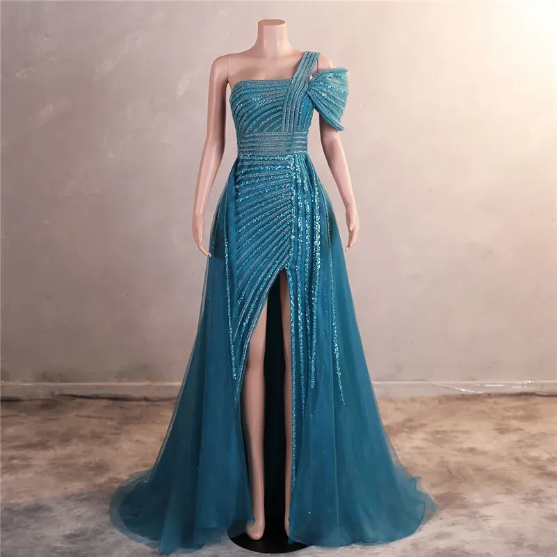 2024 Luxe Kralen Pailletten Avondjurken Sexy Side Split Een Schouder Spaghetti Backless Prom Jassen Voor Vrouwen Gelegenheid Draagt BM3509