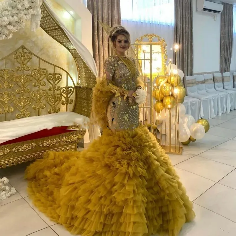 Albanian Mermaid Wedding Dress 2024 Luxury Gold Long Sleeves, Ruffles
