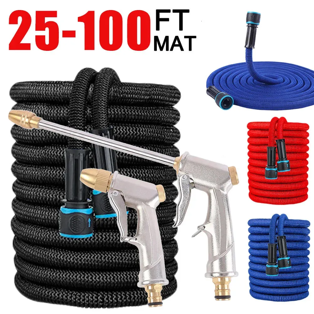 Trädgårdsslangar 25-100ft Garden Water Slange With Water Gun Plasts Connector Telescopic Water Pipe Magic Water Pipes For Garden Car Washing 231206