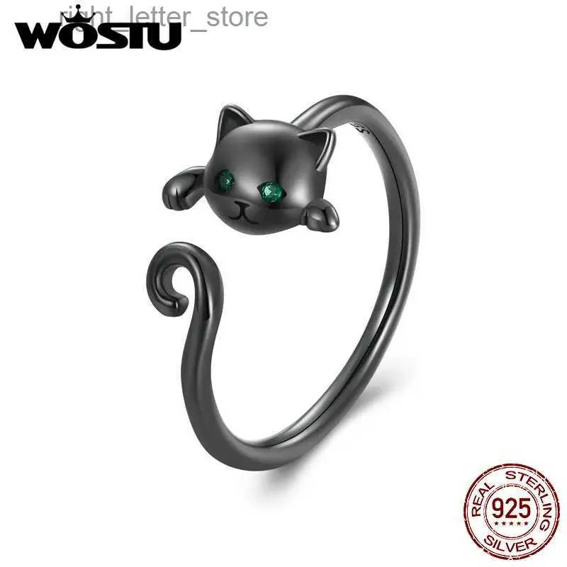 Solitaire Ring Wostu 925 Sterling Black Cat with Green Eye Cute Pet Open Ring For Women Young Girl Gift Justerbar Ring grossist Dropshipping YQ231207