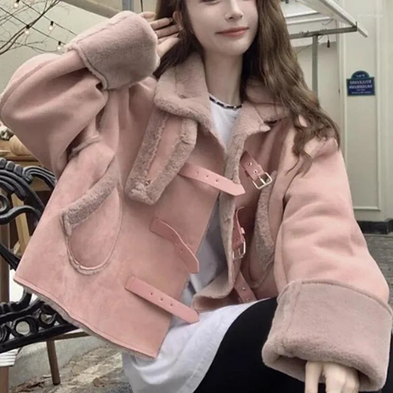 Women's Fur Pink Faux Suede Lamb Jacket Turn-down Collar Coat