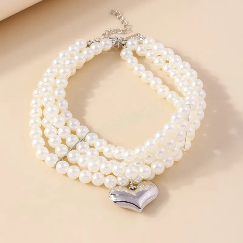 Big Imitation Pearl Bead Choker Necklace for Women Vintage Heart Necklace Wedding Party Jewelry Collar