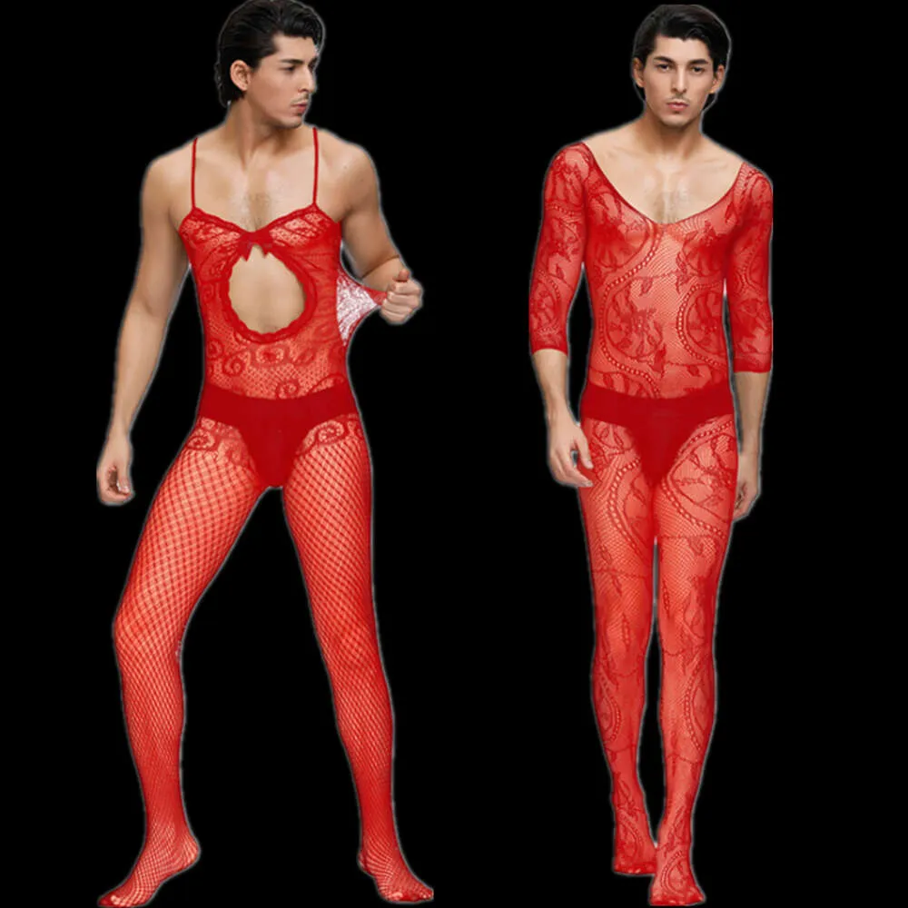 Vêtements de nuit rouges pour hommes, bas en résille, combinaison sans entrejambe, vêtements de nuit exotiques, sexe Lenceria Seksowna Bielizna