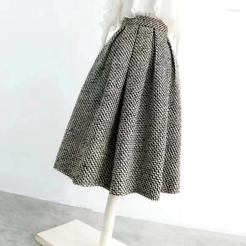 Röcke Faldas Mujer De Moda Mode Tweed Hohe Taille Für Frauen Elegante Jupe Koreanische Vintage A-linie Plissee Rock Winter Kleidung