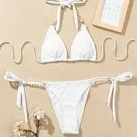 Women`s Swimwear Split Bikini Solid Pearl Strap Sexy Swimsuit Decorative Chain Female Brazilian Biquini