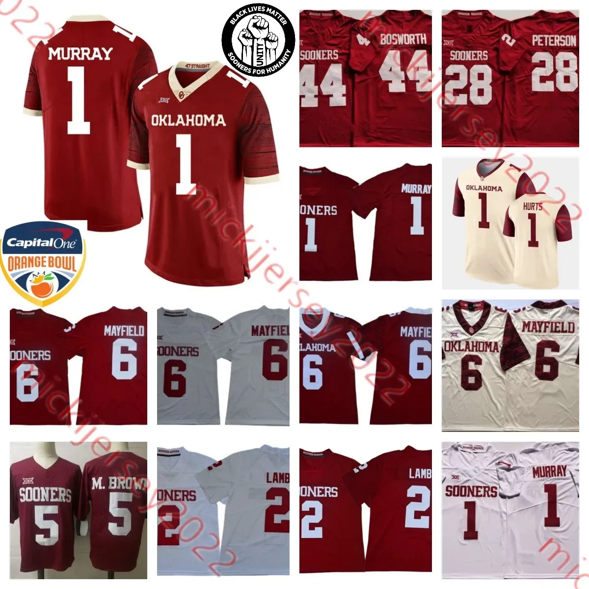 Herren genähte Oklahoma Sooners College-Football-Trikots 1 Kyler Murray Baker Mayfield Jalen Hurts CeeDee Lamb Marquise Brown Adrian Peterson