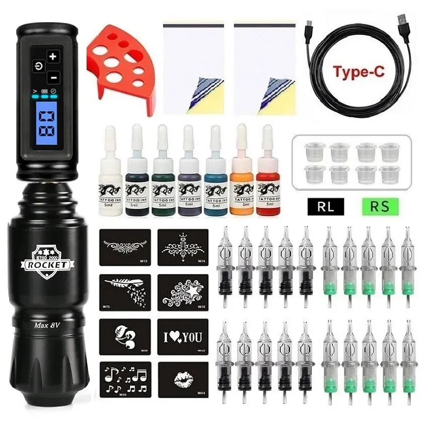 Tatueringsvapen Kit Trådlös tatuering Maskin Komplett kit Rotaty Justerbar hastighet RCA Tatuering Batteriset med 20 st patroner Nål för kroppskonst 231207