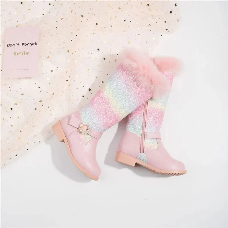 Botas 2023 outono inverno meninas arco-íris princesa moda crianças rosa joelho comprimento sapatos de pele de pelúcia 231207