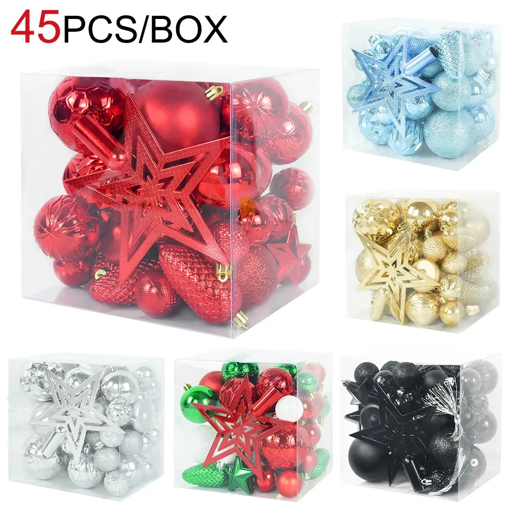 Christmas Decorations 45pcs Christmas Color Ball Christmas Tree Top Star Decoration Gold Silver Red Green Blue Black Happy Year Home DIY Ornament 231207