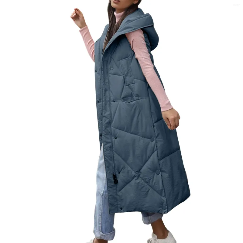 女性のベストノースリーブフード付きジャケット女性冬の温かいジッパーロングベストコート屋外キルティングジャケットダウンコートフリース