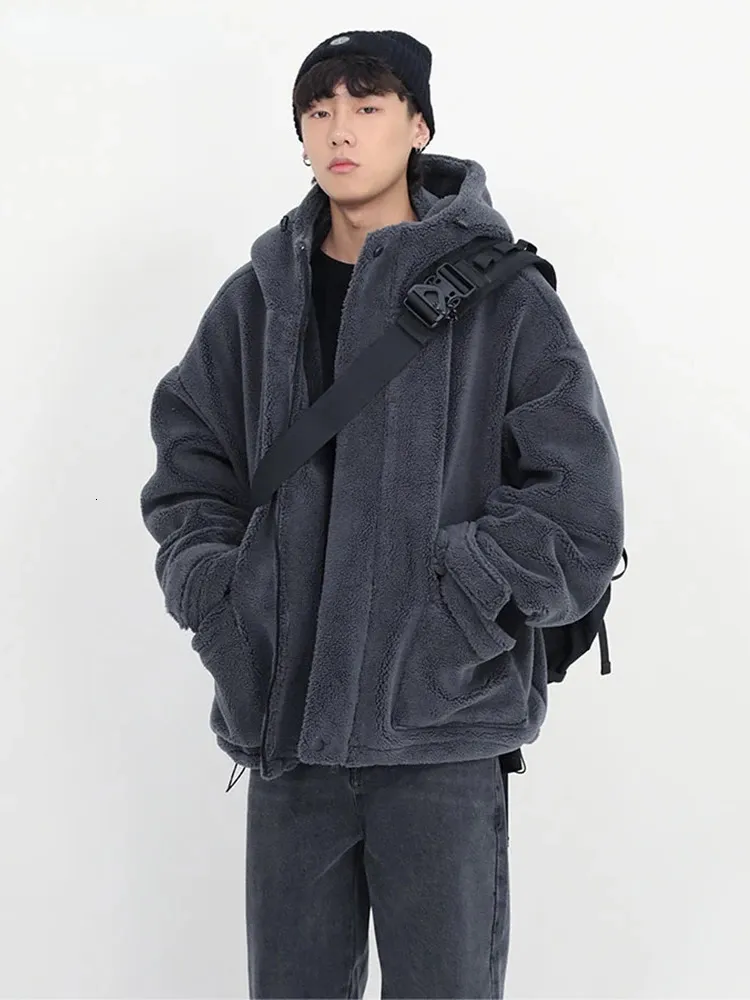 Herenjassen Winter Dikke Warme Oversized Donkergrijze Sherpa Jas Heren met Kap Zip Up Pluizige Losse Casual Faux Lamsbontjas 231206