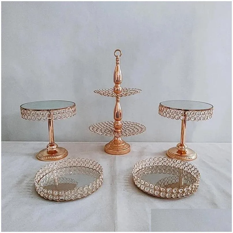 Other Bakeware Tools 5Pcs/Lot Gold Crystal Metal Cake Stand Set Acrylic Mirror Cupcake Drop Delivery Home Garden Kitchen Dining Bar Dhmpf