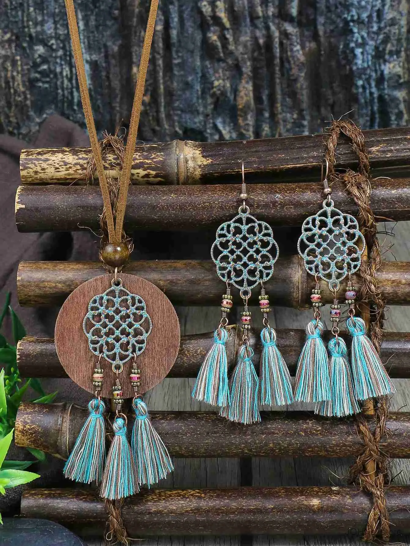 Bohemian Boho Pendant Set Hollow Carved Necklace Tassel