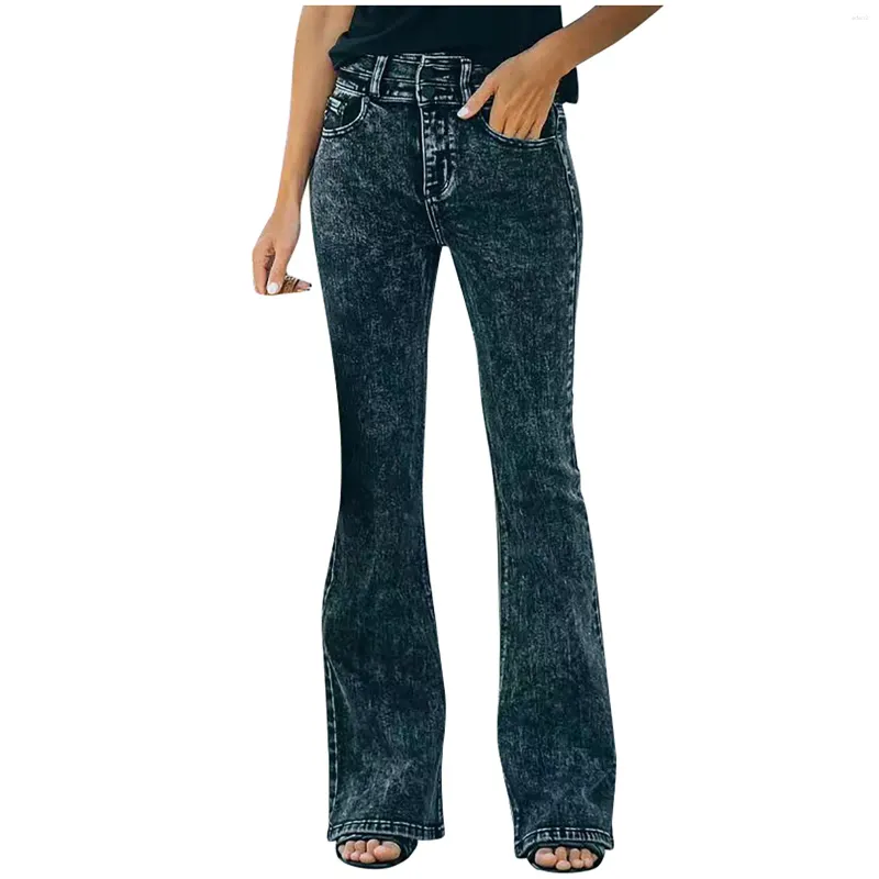 Jean slim extensible pour femmes, taille haute, poches, jambes larges, pantalon évasé à boutons, Denim, vêtements féminins Harajuku