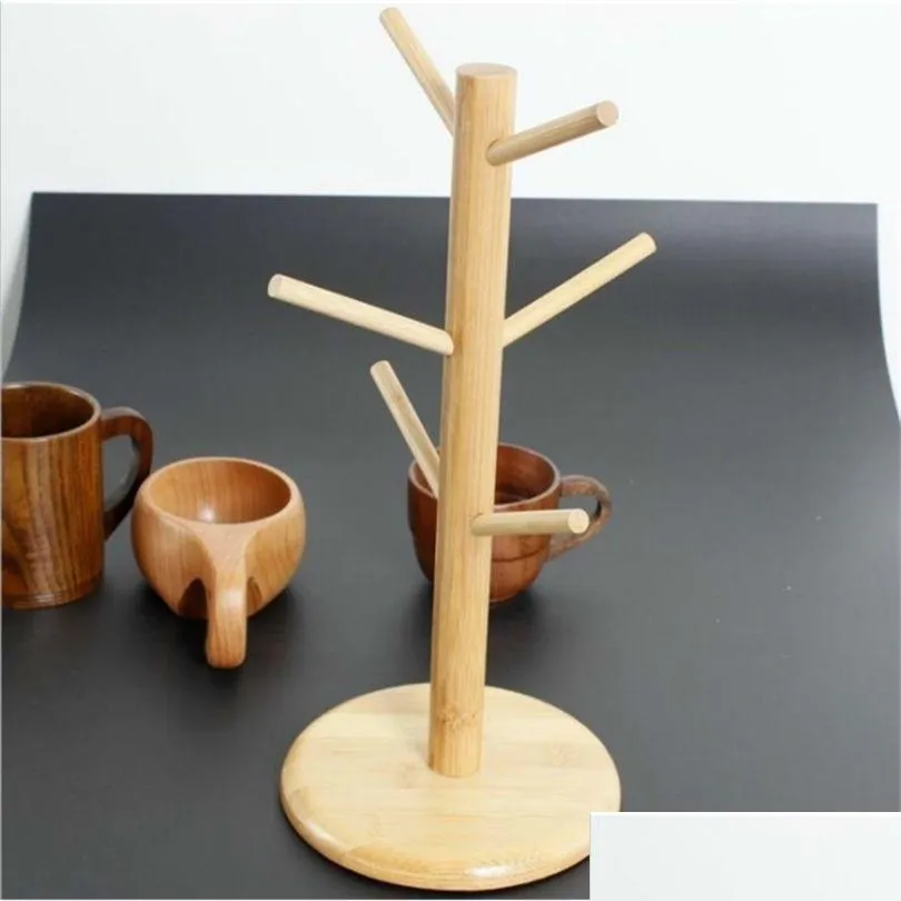 Storage Holders Racks New Wooden Tree Shape Coffee Mug Drying Cups Rack Holder Home Kitchen Drain Hanger Stand Organizer With 6 Hooks Dhxf0