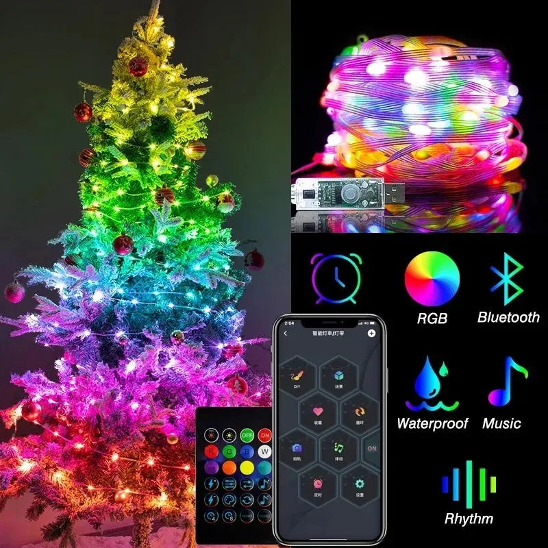 Kerstversiering 20M RGB Smart Bluetooth-bediening USB LED-lichtslingers Buiten App Afstandsbediening led-slinger Fairy Lamp Kerstboomdecoratie 231207