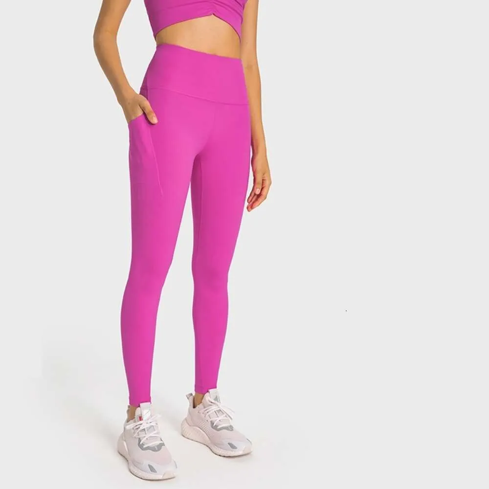 Lu Lu Leggings Yoga Outfit Usine Haut de Gamme Couleur Unie Athlétique Legging Sport Align Lemon Femmes Fintess Taille Haute Pantalon Serré Poches Latérales Formation