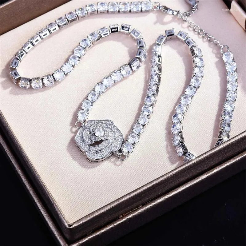 Pendant Necklaces Fashion Camellia Women Necklace Luxury Bling Stone CZ Clavicle Chain Brand Pendants Jewelry Wedding Z632