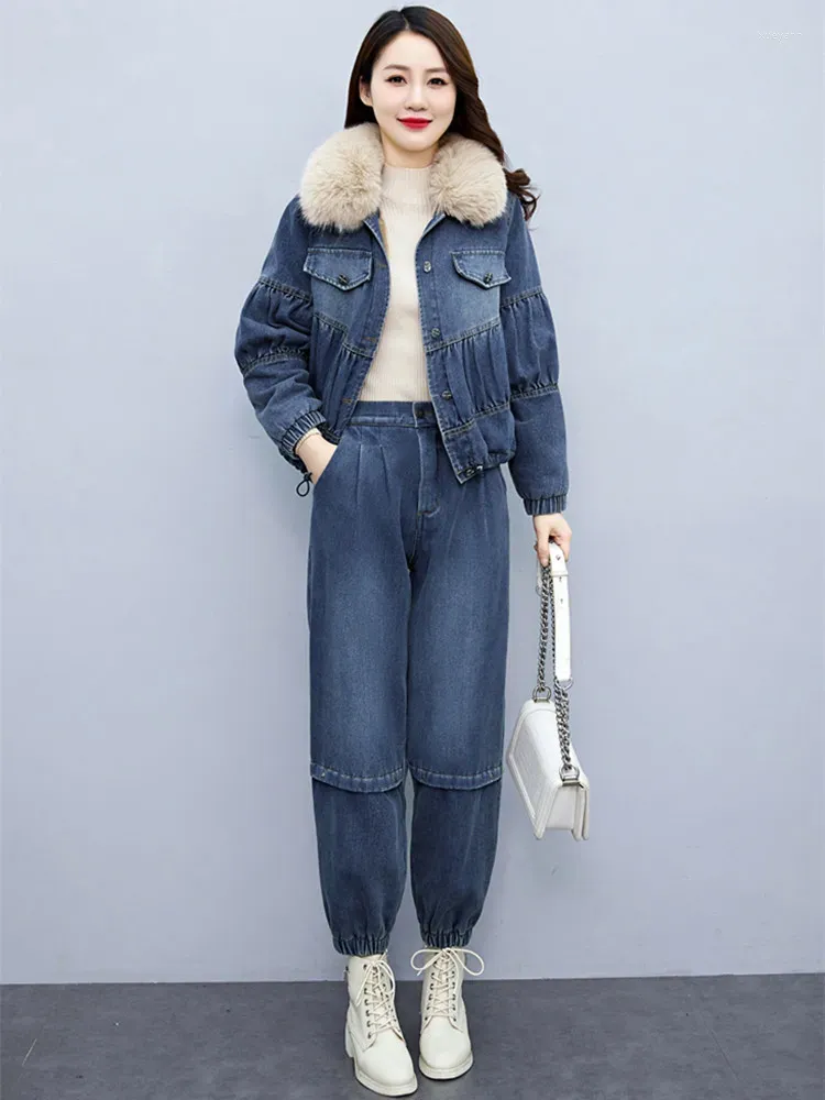 Dames tweedelige broek Europese denim jaspak Dames pluche verdikt 2023 Winterkleding Casual mode Warmte tweedelige set