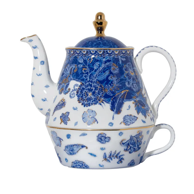 Conjunto de chá de luxo europeu estilo palácio imperial russo conjunto de chá de porcelana de osso azul jardim único pote de combinação com caixa de presente