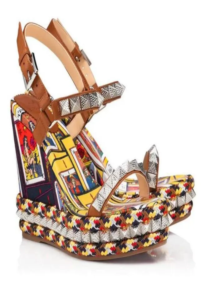 Summer Designer Name Brand Women Wedges Sandals Madmonica Wedge smooth leather Sexy Ladies High Heels Ankle Strap Studs 9495755
