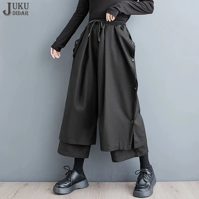 Women's Pants s Japanese Style Solid Black Layers Design Woman Elastic Waist Wide Leg Casual Streetwear Unique Loose Fit JJPS043 231206