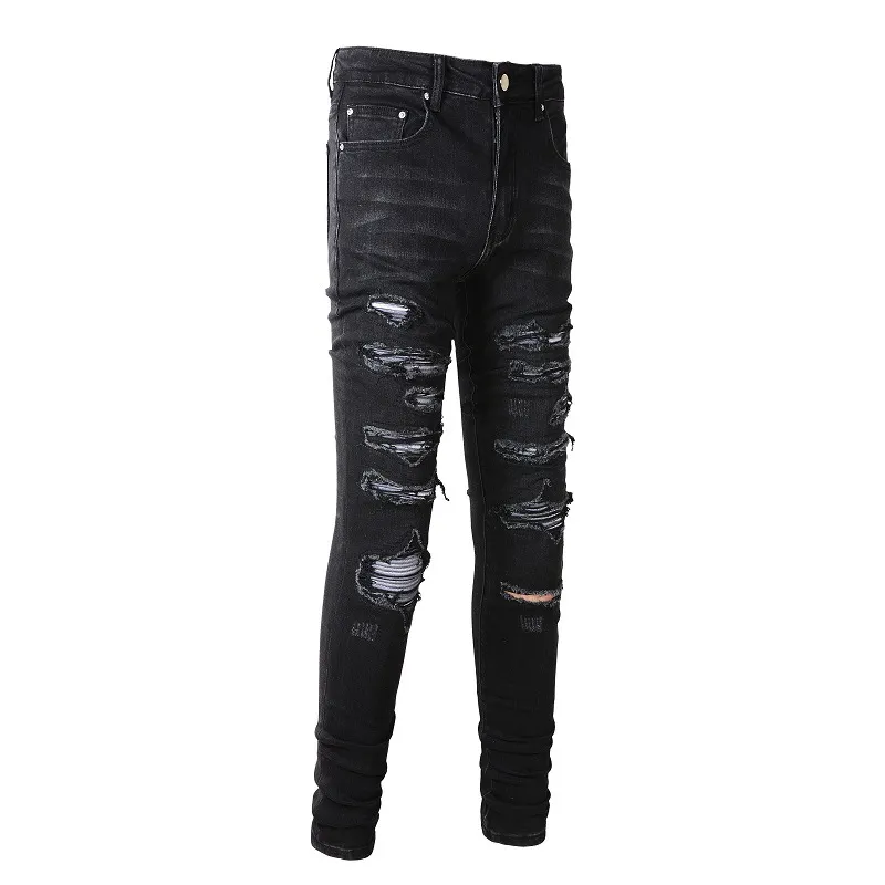 Men's Jeans European and American street trendy hole patched jeans, high street trendy men's elastic slim fit leggings