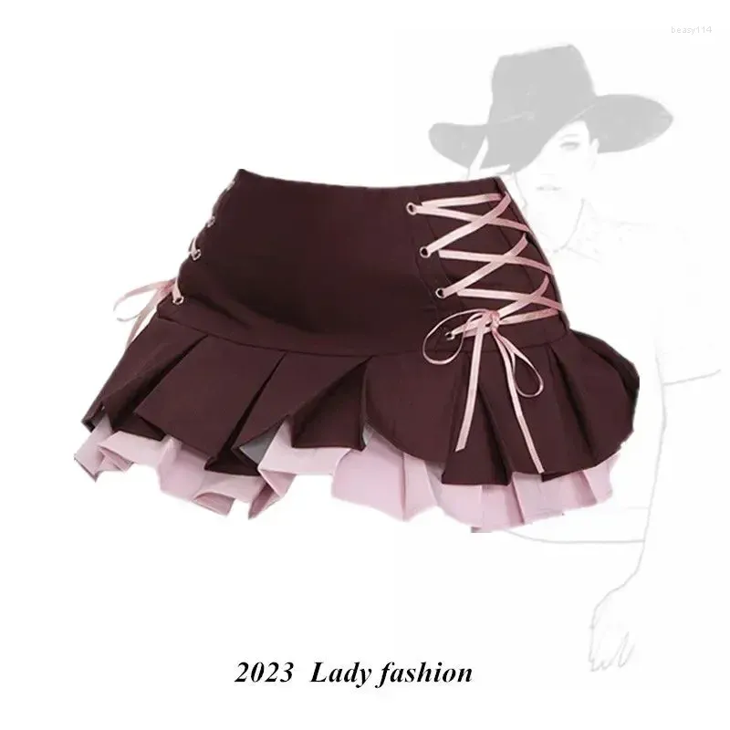 Jupes jupe plissée de style collégial japonais femmes sexy fille épicée marron patché rose été taille haute à lacets a-ligne mini court