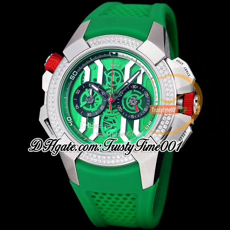 BZF Epic X Chrono EC323.20.Ab.Ab.A Japan VK Quartz Chronograph Movement Mens Watch Green Skeleton Dial Diamonds Bezel Rubber Strap Stopwatch TrustyTime001Watches