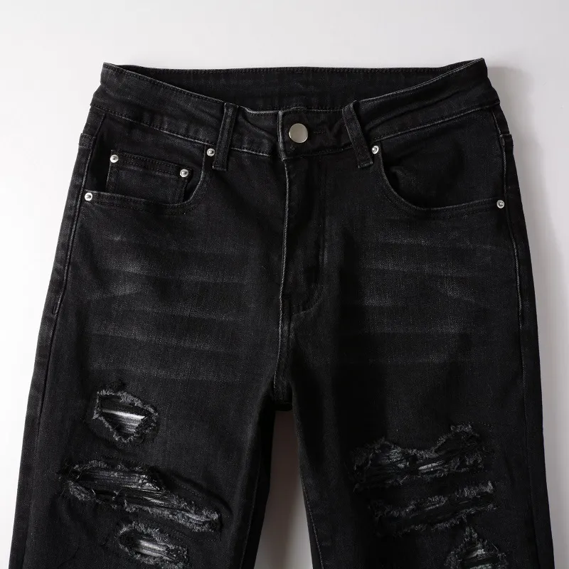 Jeans pour hommes jeans patchés à trous à la mode de rue européenne et américaine, leggings élastiques à coupe ajustée pour hommes à la mode