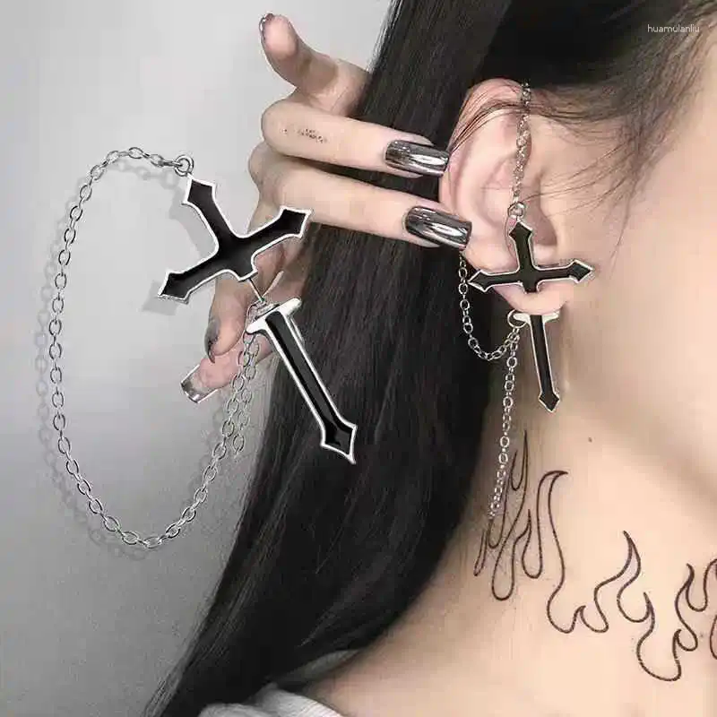 Hoop Earrings Gothic Kinitial Sword Chain Vintage Cool Punk Crystal Ear Jacket Goth Dagger Jewelry Gift For Women