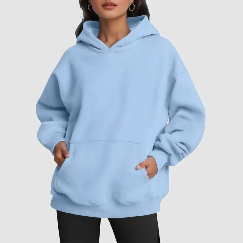 Hoodies femininos sólidos coreano oversize sweatshirts bolsos com capuz topos harajuku pulôver sudaderas esportes ao ar livre fatos de treino topo