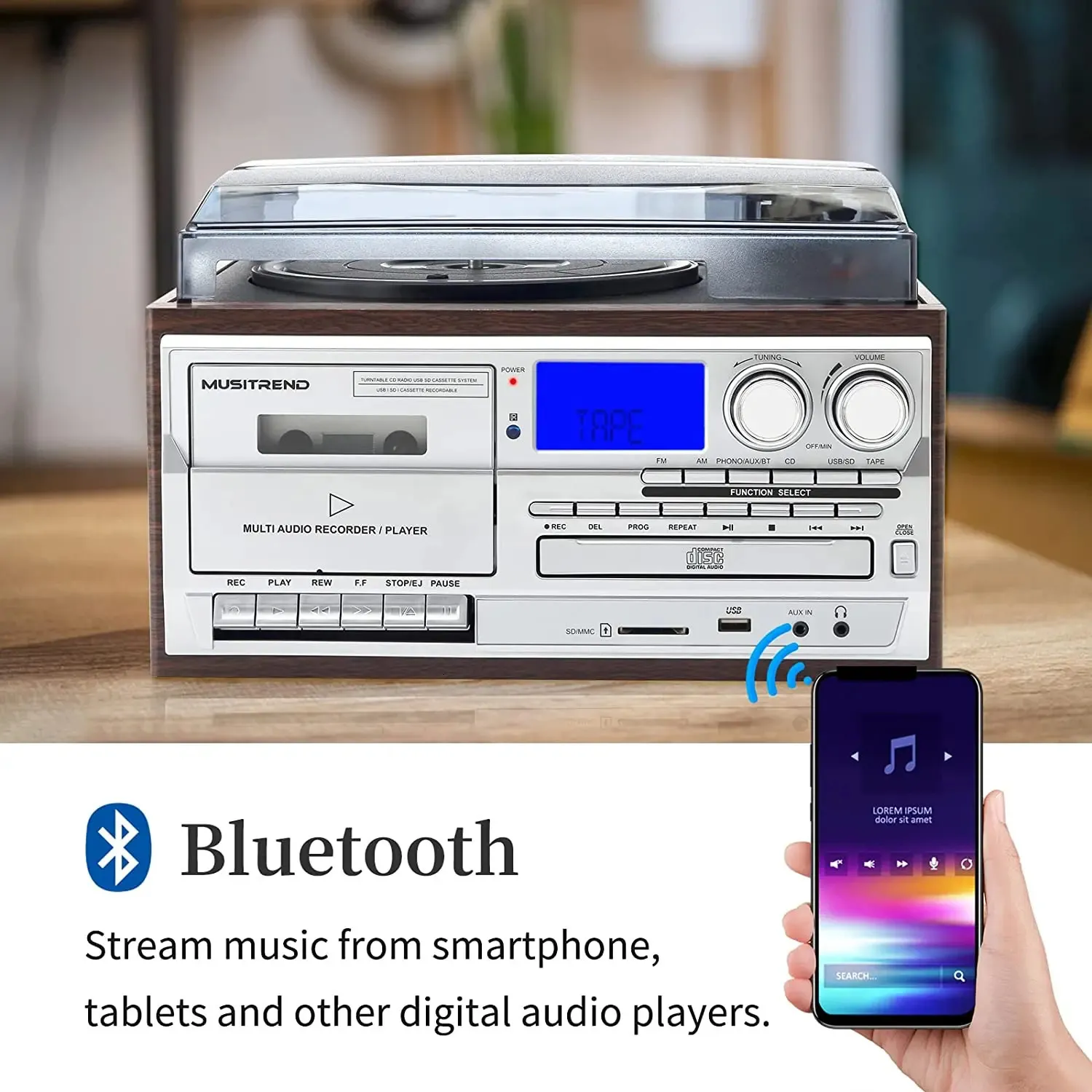 Turntable With External Speakers 10 In 1 3-Speed Turntable Record Player With Bluetooth, AM/FM Radio, USB/SD/MMC, CD/Cassette Musitrend Record Player Manual