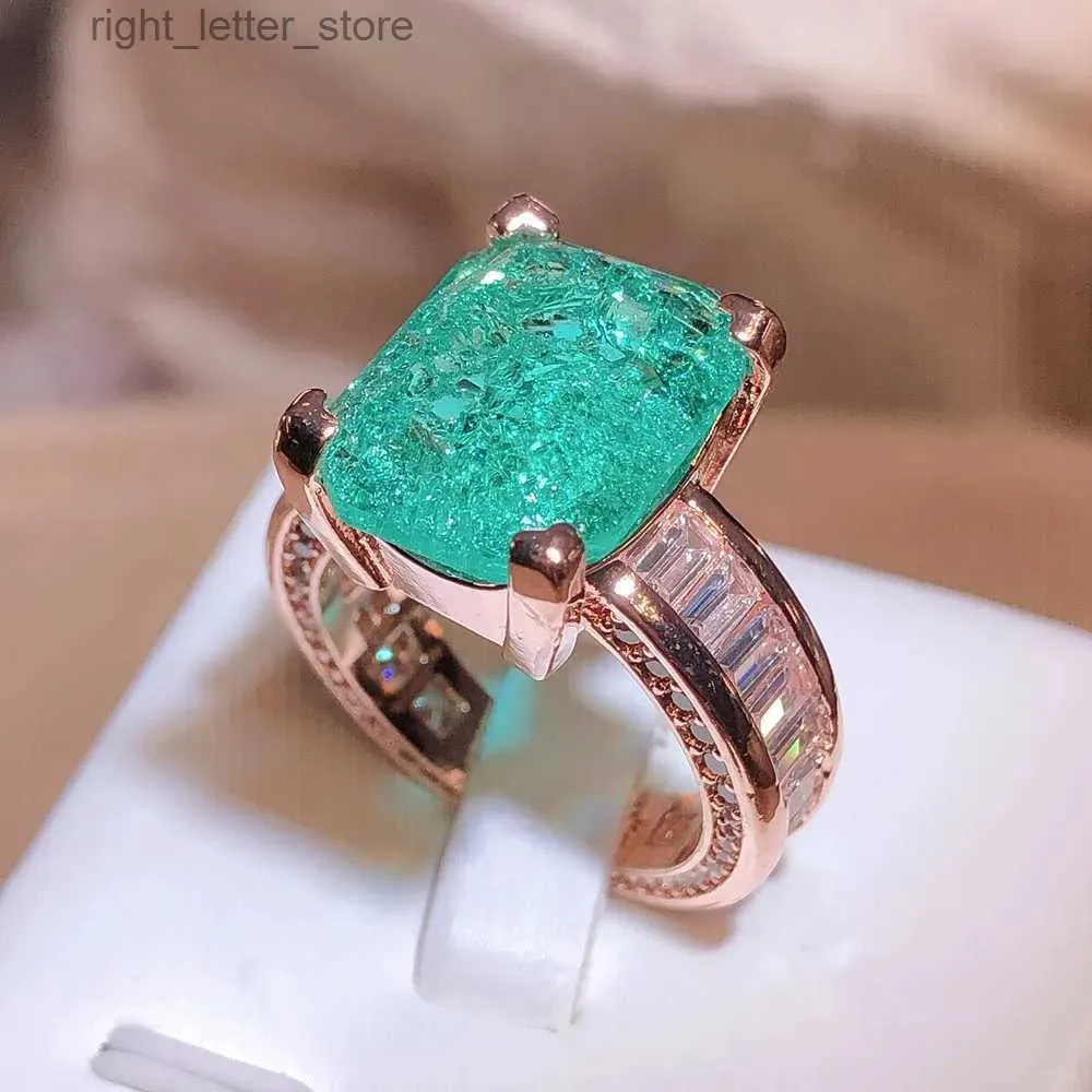 Solitaire Ring Fashion Gold Color Emerald Paraiba Couples Ring For Women New Full Zircon Engagement Valentine's Day Gift Party Jewelry YQ231207