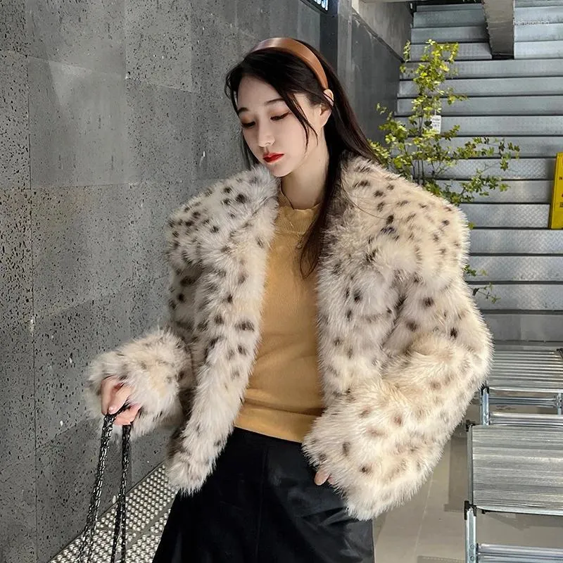 Women's Fur Leopard Point Short Coat for Women Turndown Collar Casual Faux Fluffy Jacket Artificial Winter 2023