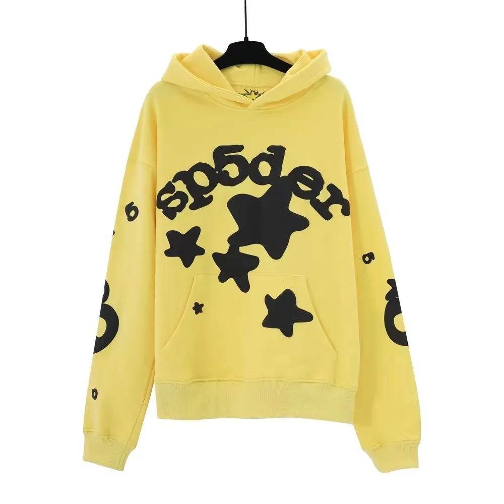 2023 Sp5der Designer Amarelo Hoodie Homens Moletom Top Quality Sweat Shirt Juventude Pop Moda Tendência Solta Manga Comprida Hoodie com Impressão Calça Hoodie Conjunto Homem Tamanho S-XL