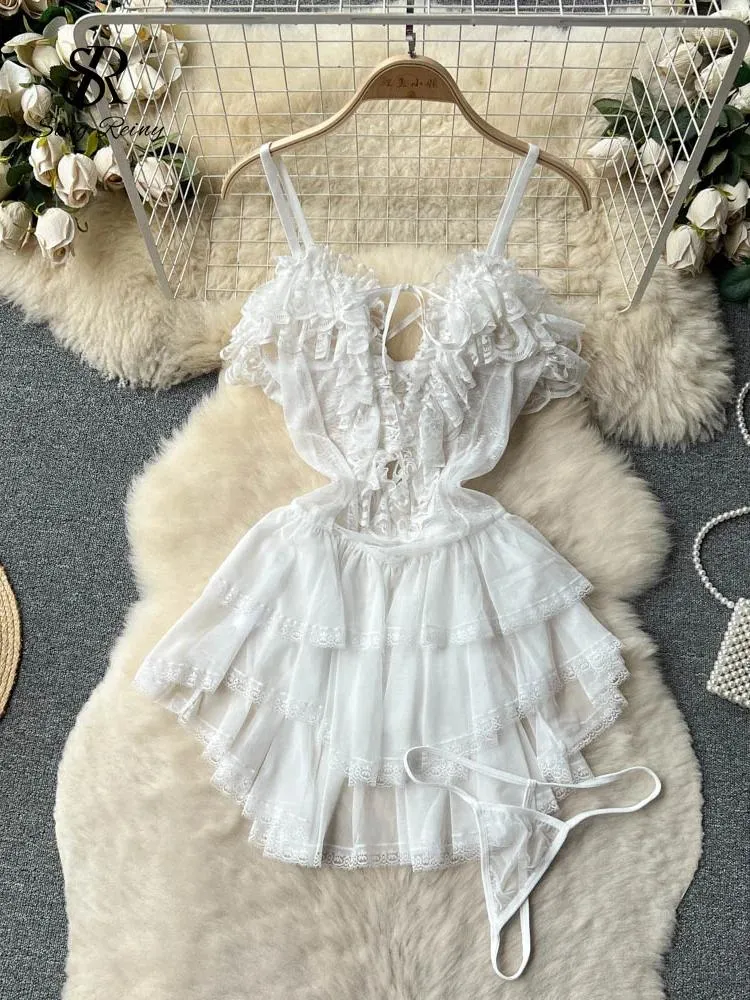 Kadın Places Growear Widding Erotik Camis Pijama Elbise Kadın İnce Dantel Up Sheer Ruffles Nightgowns Porno Sırtsız Kısa Seksi Gece