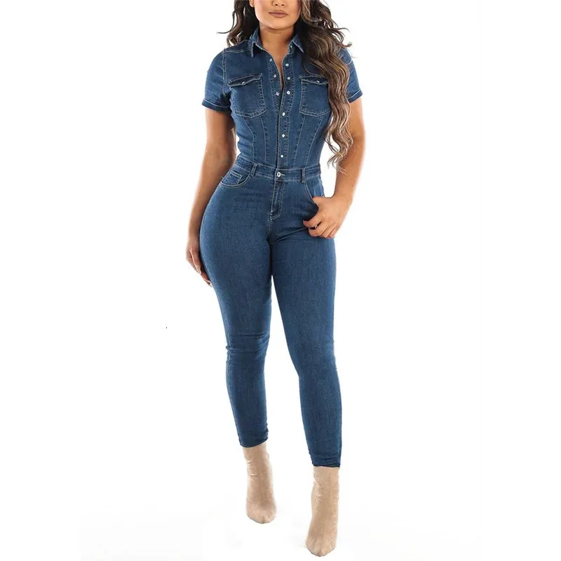 Women's Jumpsuits Rompers Summer Button Halfopen Denim Jumpsuit Lapel Short Sleeve Onepiece Jackets Female Casual Slim Fit Pencil Jeans 231206