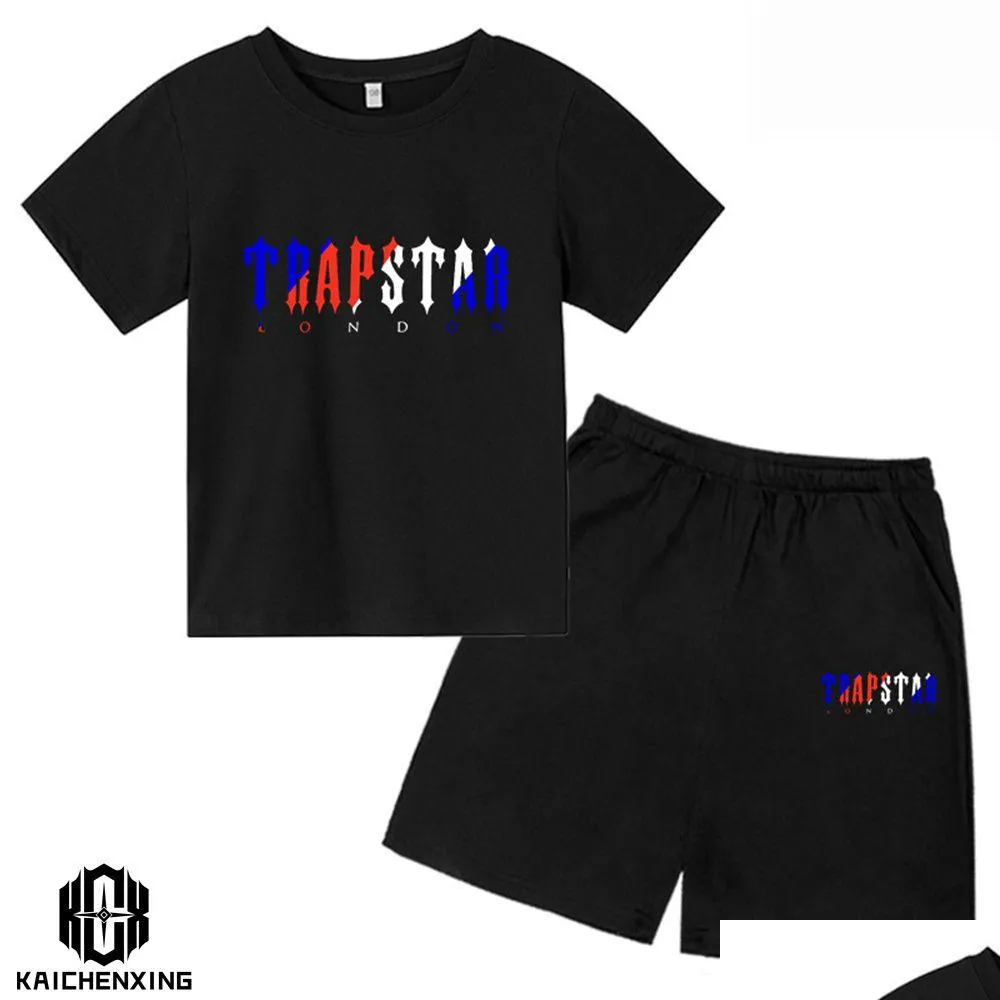 Zestawy odzieży marka Trapstar Tshirt dla dzieci ubrania chłopiec zbiór dresowy harajuku tops tee zabawny hip hop kolor t -shirtbeach swobodne szorty Dr dhfrt