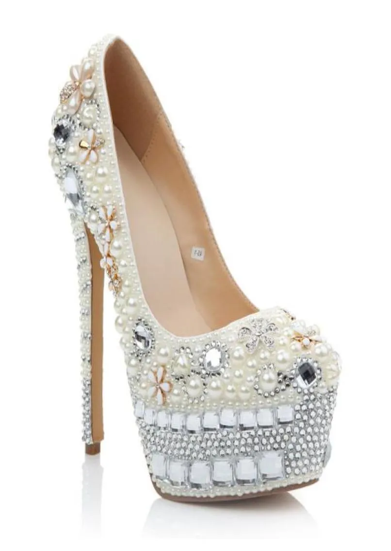 16 cm weiße Hochzeitsschuhe, sexy Stiletto-High-Heels, handgefertigte Kristall-Echtleder-Rhinstone-Perlen-Bankettpumpen EU417081798