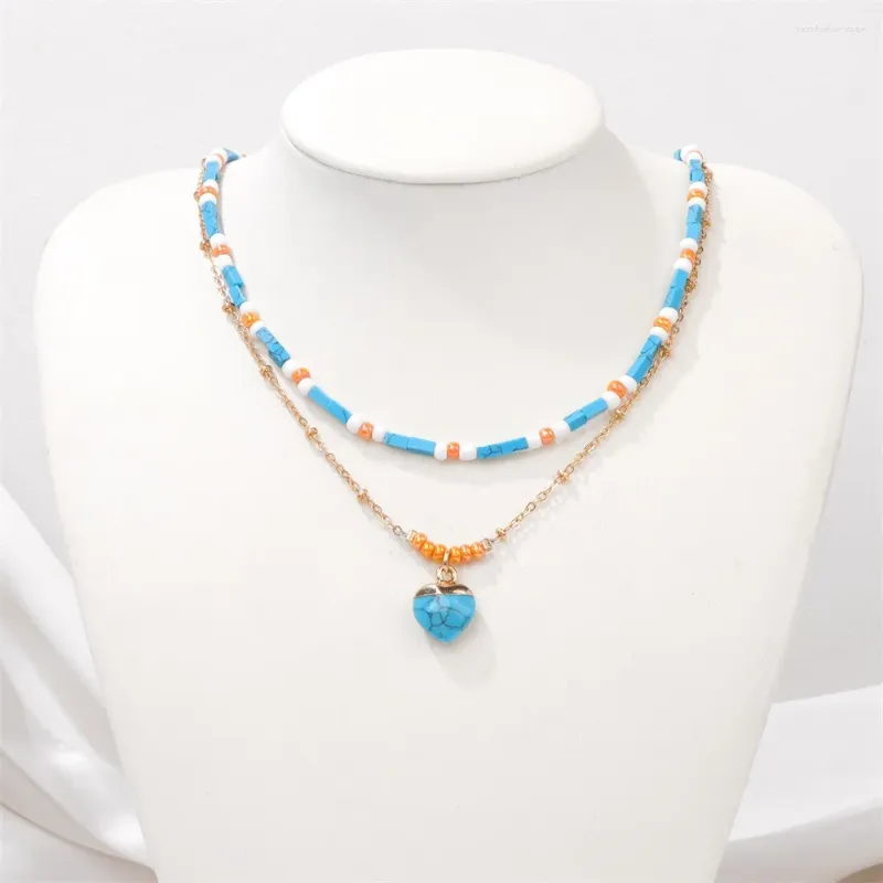 Pingente colares pingente colares azul howlite coração forma colar pedra natural tigre olho aventurines grânulos mulheres homens cor de ouro cadeia