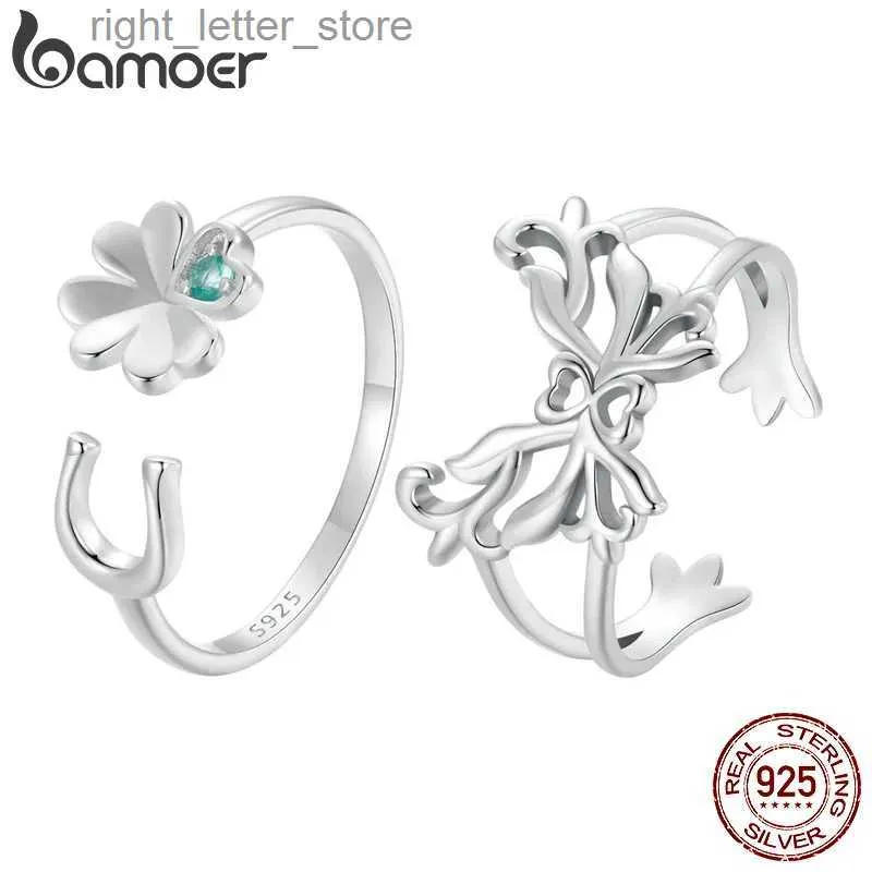 Solitaire Ring BAMOER 925 Sterling Silver Lucky Four-Leaf Clover Adjustable Ring Horseshoe Opening Ring for Women Original Design Fine Jewelry YQ231207