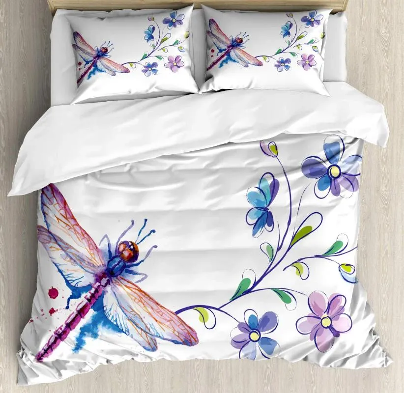 Beddengoedsets Bloemen Dragonfly Set Dekbedovertrek voor kinderen Jongens Meisjes Dekbed Botanisch met 2 kussenslopen op volledige grootte