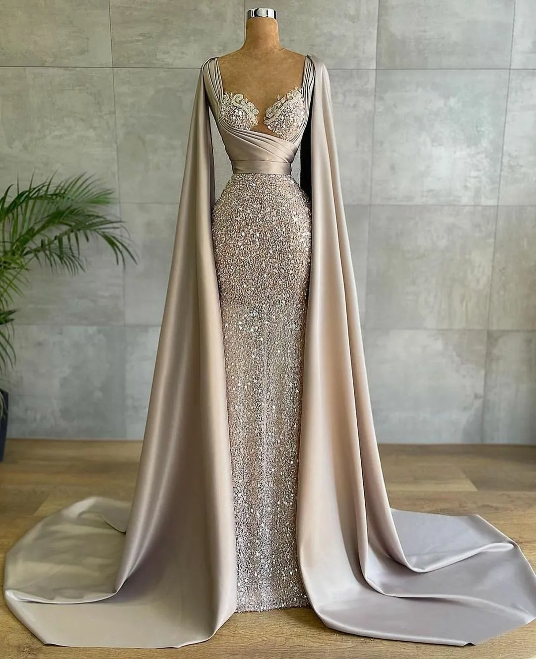 Custom-Made Arabic Glitter Sequined Sparkly Evening Dress with Cape, Ruffles, Lace, and Sweetheart Neckline for Prom, Party, or Formal Events