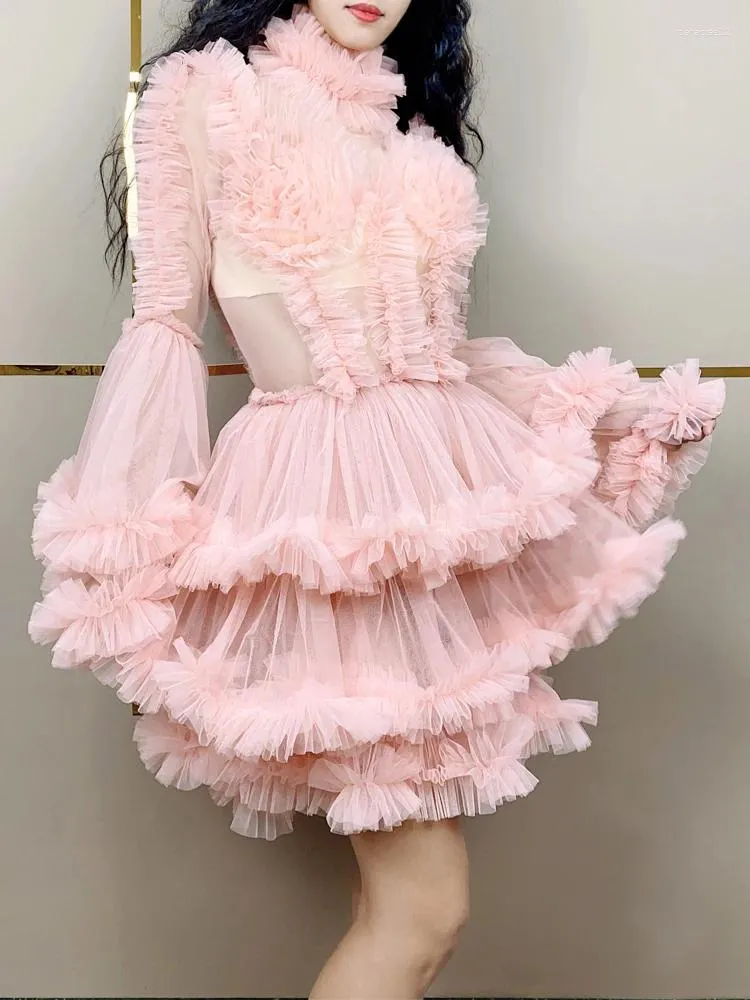 Scene Wear Fashion Pink Cute Women Dress Transparent Mesh Långärmning Party Club Singing Dancing Performance Costume