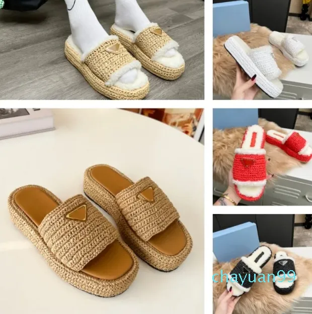 여성 레이디 플랫폼 Raffia Straw Sandal Plush Triangle Buckle Mules Espadrilles 두꺼운 바닥 모피 모피 슬라이드 Fleece Shearling Slip on Warm