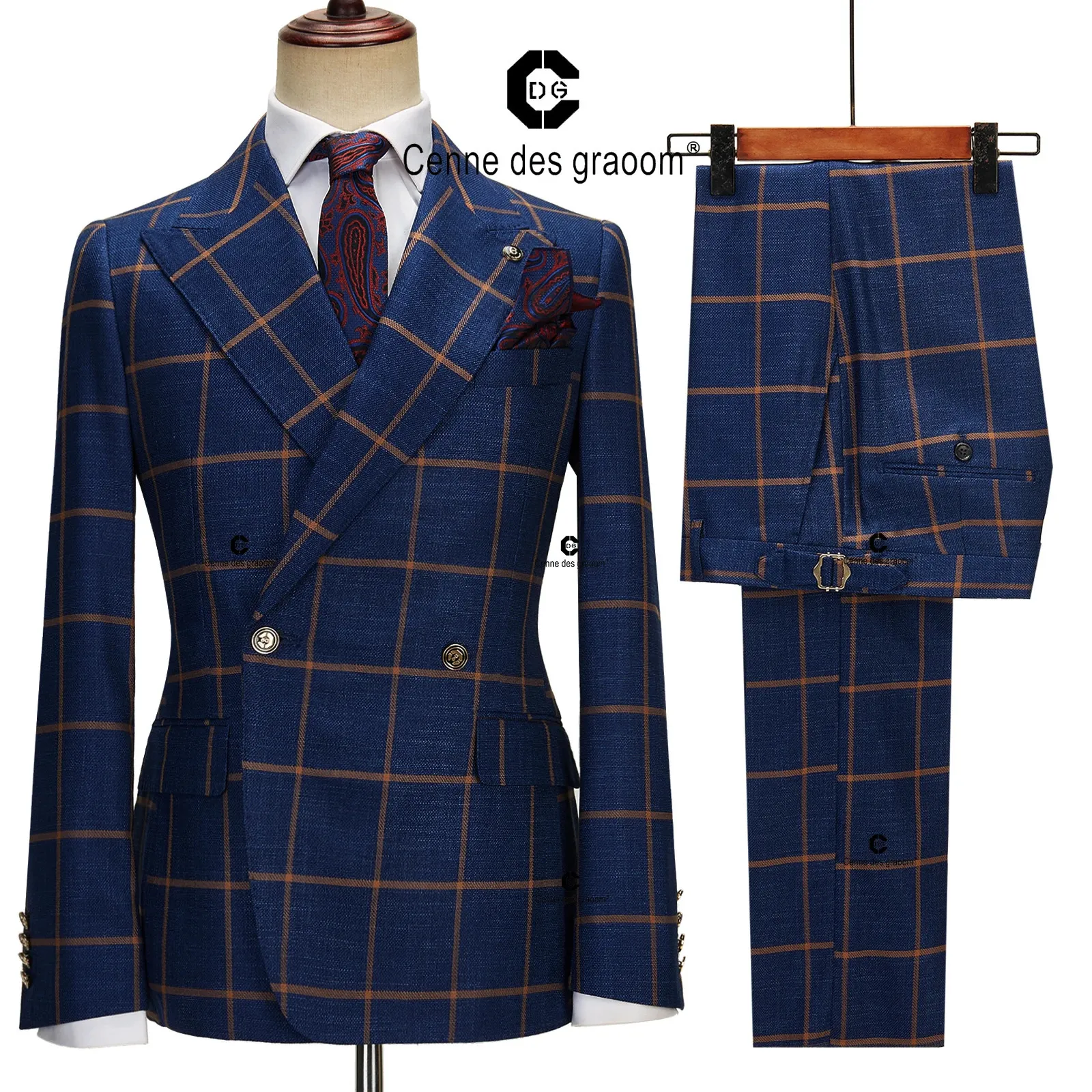 Costumes pour hommes Blazers Bosdan Gulden Plaid en laine pour hommes à double boutonnage bleu 2 pièces ensemble blazer pantalon fête de mariage réunion bureau 231207