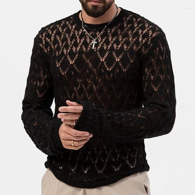 Maglioni da uomo Maglione lavorato a maglia a maniche lunghe Top da uomo Autunno Ricamo vintage Scava fuori T-shirt Abbigliamento da uomo lavorato a maglia Elegante sexy