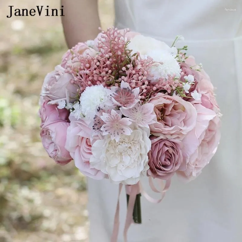 Fleurs de mariage JaneVini poussiéreux rose coréen Bouquets de mariée ruban poignée artificielle soie Roses Bouquet accessoires pour mariée