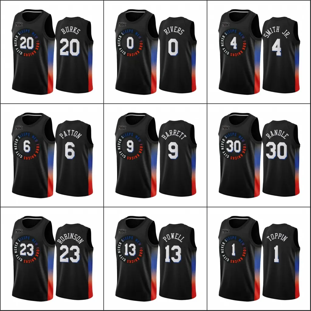 New York''Knicks''Heren Obi Toppin Myles Powell Dennis Smith Jr. Alec Burks RJ Barrett''City''Edition''Zwarte Jersey